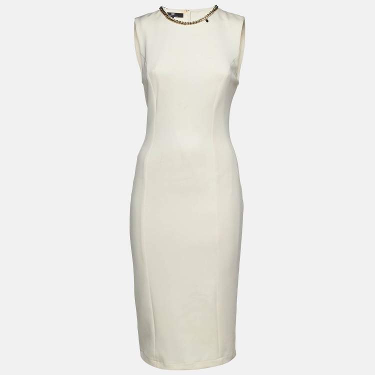 Pre Owned Elisabetta Franchi Cream Jersey Sleeveless Sheath Dress M