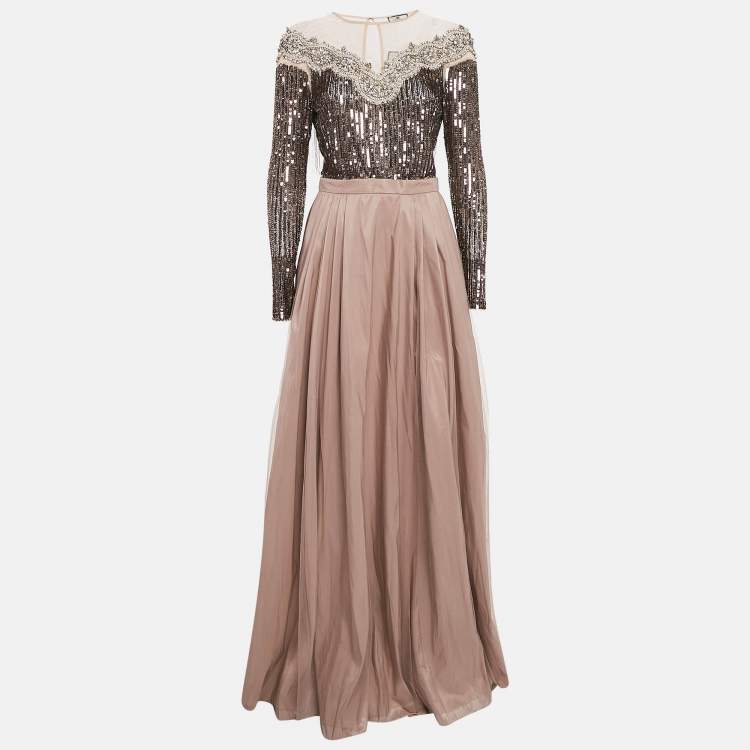 Pre Owned Elisabetta Franchi Mauve Sequin Embellished Tulle Flared Gown M