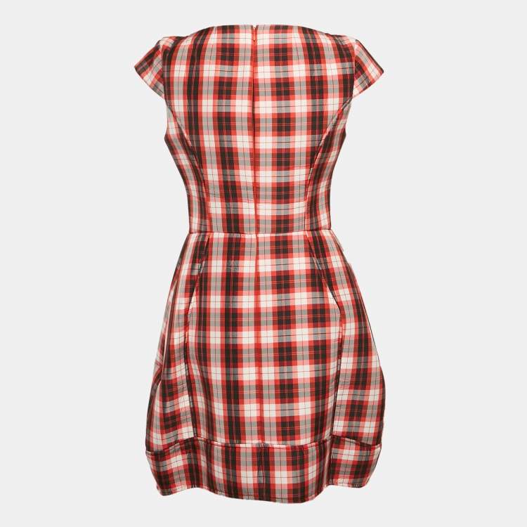 Pre Owned Elisabetta Franchi Red/Multicolor Plaid Print Synthetic Lace-Up Detail Mini Dress M