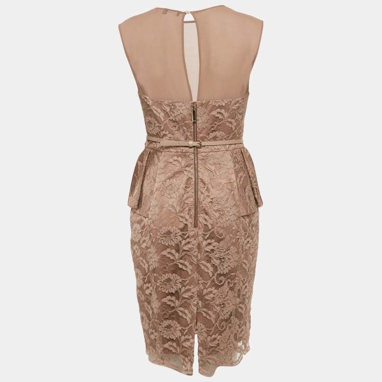 Pre Owned Elisabetta Franchi Caramel Brown Satin Lace Overlay Belted Short Dress M