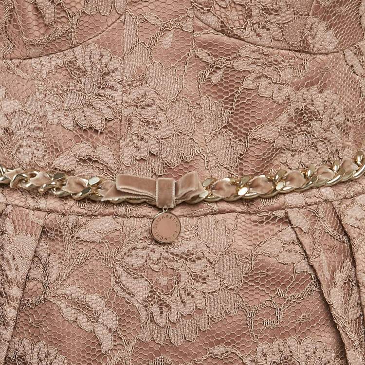 Pre Owned Elisabetta Franchi Caramel Brown Satin Lace Overlay Belted Short Dress M