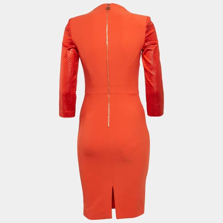 Pre Owned Elisabetta Franchi Orange  Python Textured Satin and Crepe Sheath Dress M