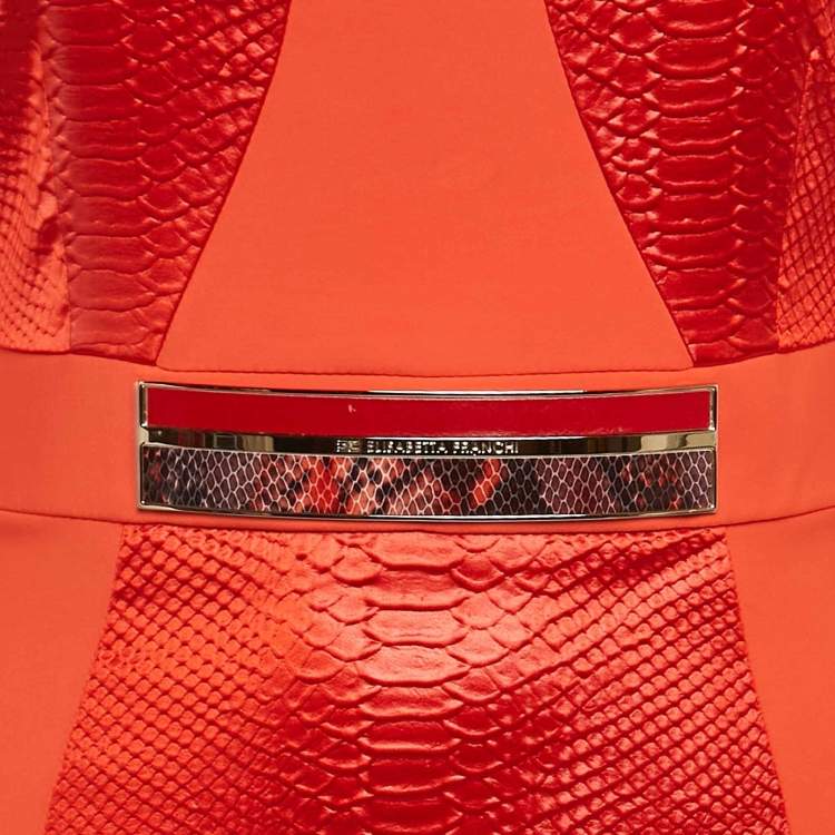 Pre Owned Elisabetta Franchi Orange  Python Textured Satin and Crepe Sheath Dress M