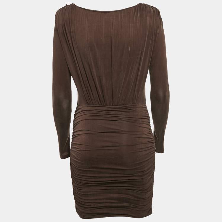 Pre Owned Elisabetta Franchi Brown Jersey Ruche Mini Dress S