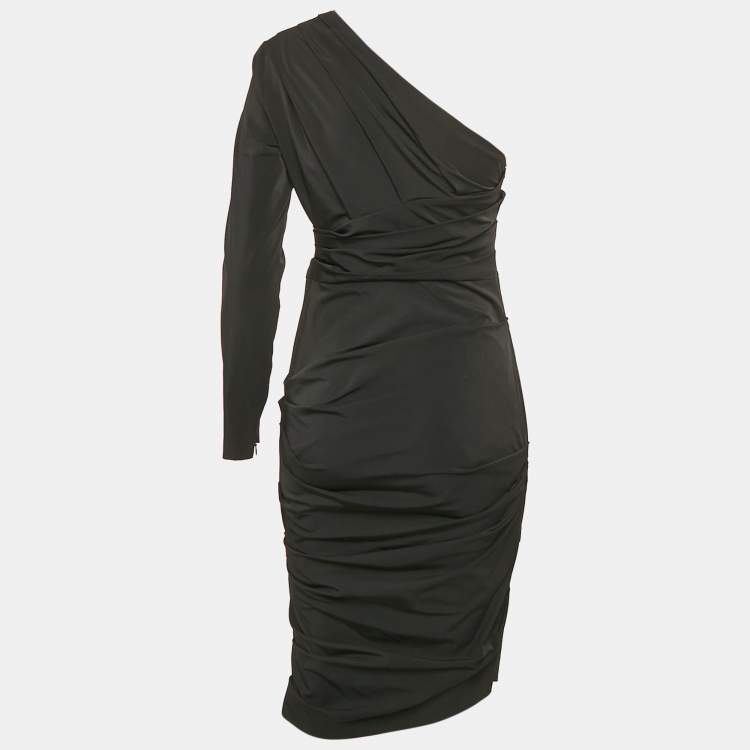 Pre Owned Elisabetta Franchi Black Nylon Draped One-Shoulder Midi Dress M