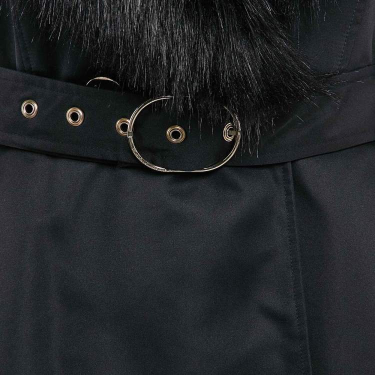 Pre Owned Elisabetta Franchi Black Synthetic Asymmetric Fur Collar Detail Coat M