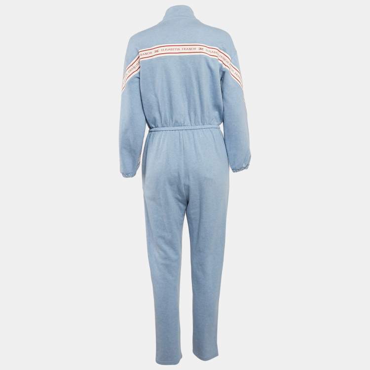 Pre Owned Elisabetta Franchi Blue Cotton Knit Logo Tape Trimmed Jumpsuit S