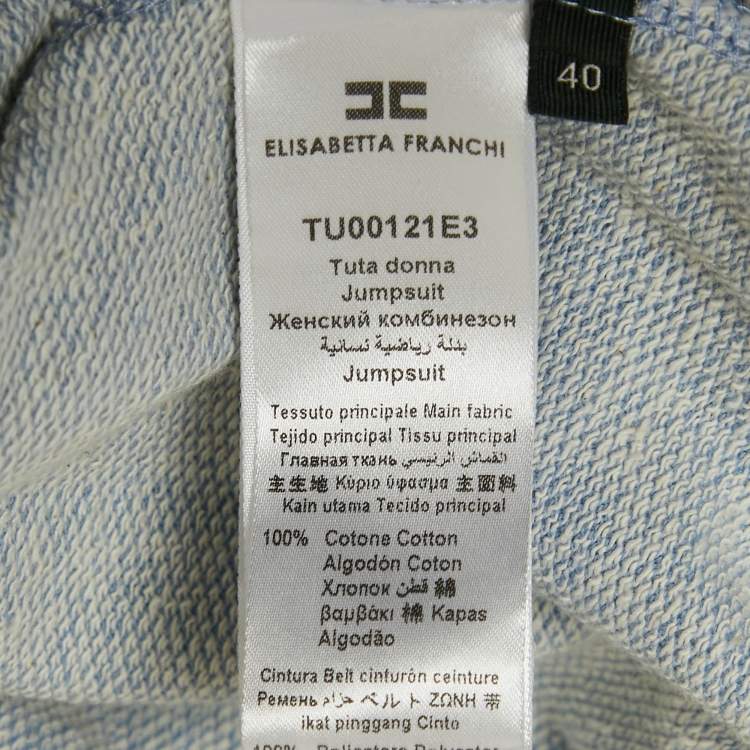 Pre Owned Elisabetta Franchi Blue Cotton Knit Logo Tape Trimmed Jumpsuit S