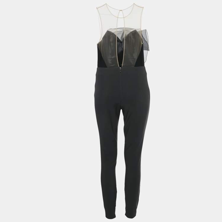 Pre Owned Elisabetta Franchi Black Stretch Gabardine Applique Detail Jumpsuit M