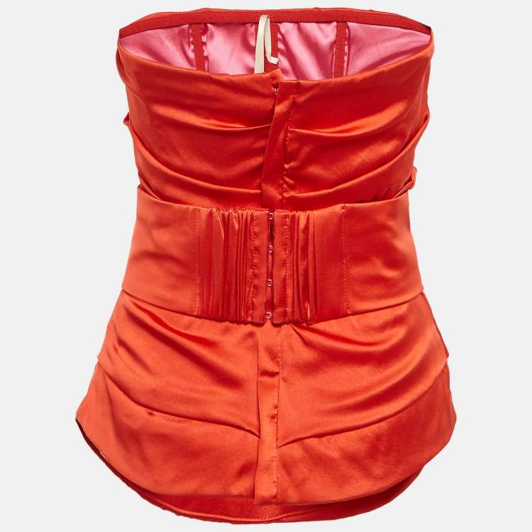Pre Owned Elisabetta Franchi Red Silk Pleated Strapless Top M