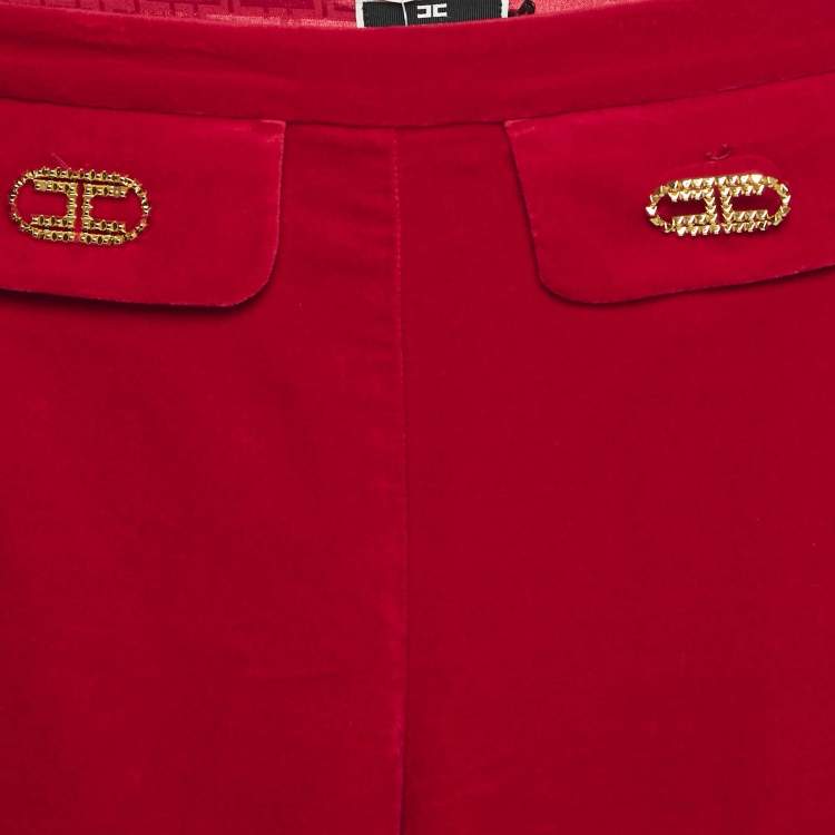 Pre Owned Elisabetta Franchi Red Velvet Boot-Cut Leg Trousers S