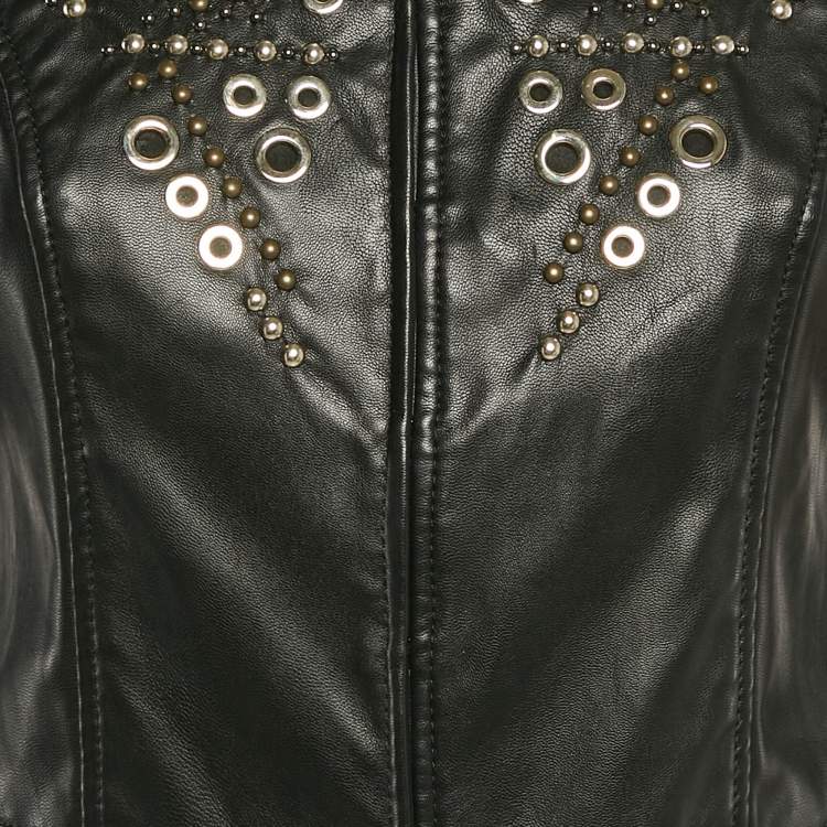 Pre Owned Elisabetta Franchi Black Studded Faux Leather Biker Jacket S