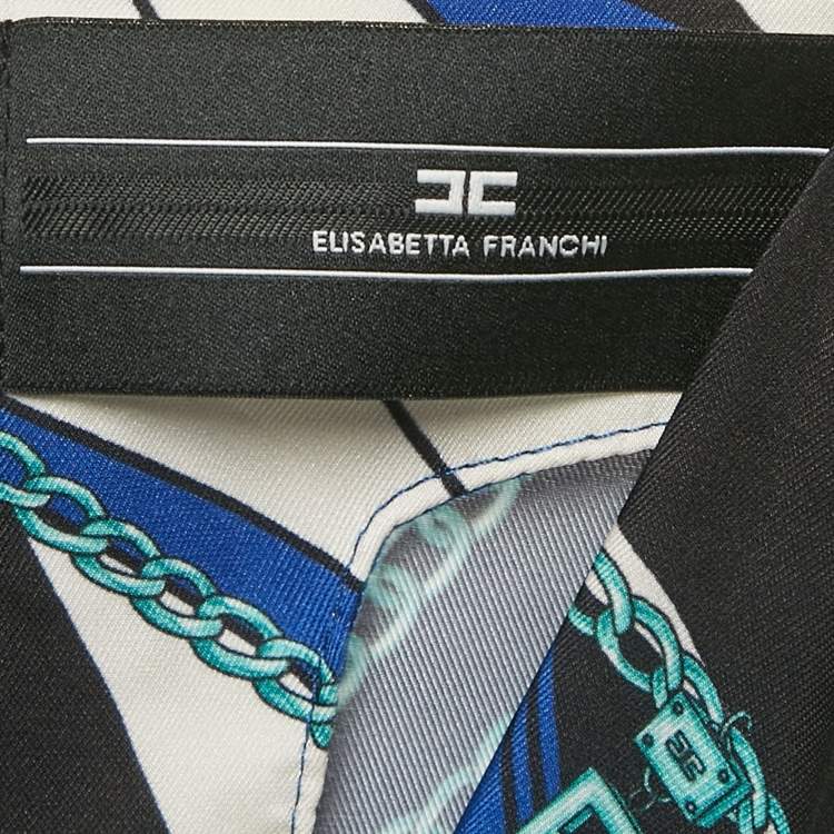 Pre Owned Elisabetta Franchi Blue/Multicolor Printed Satin V-Neck Midi Dress S