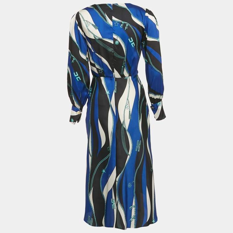 Pre Owned Elisabetta Franchi Blue/Multicolor Printed Satin V-Neck Midi Dress S
