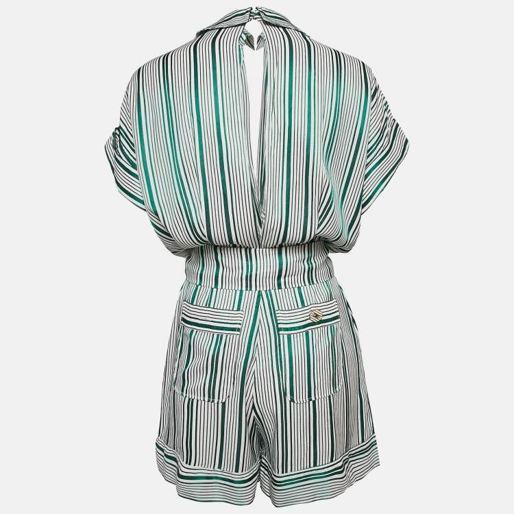 Pre Owned Elisabetta Franchi Green Stripe Crepe Belted Playsuit S