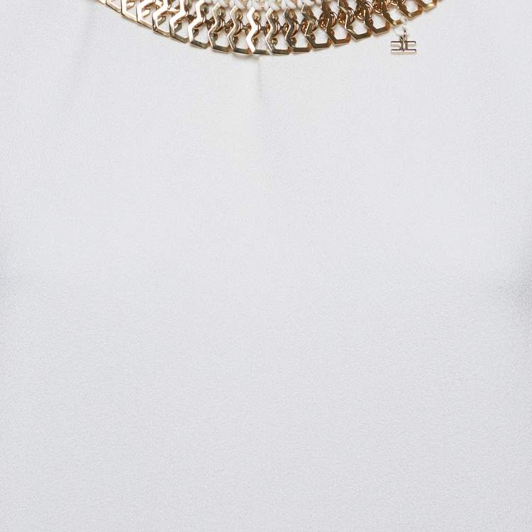 Pre Owned Elisabetta Franchi Off-White Crepe Neck Embellished Sleeveless Mini Dress M