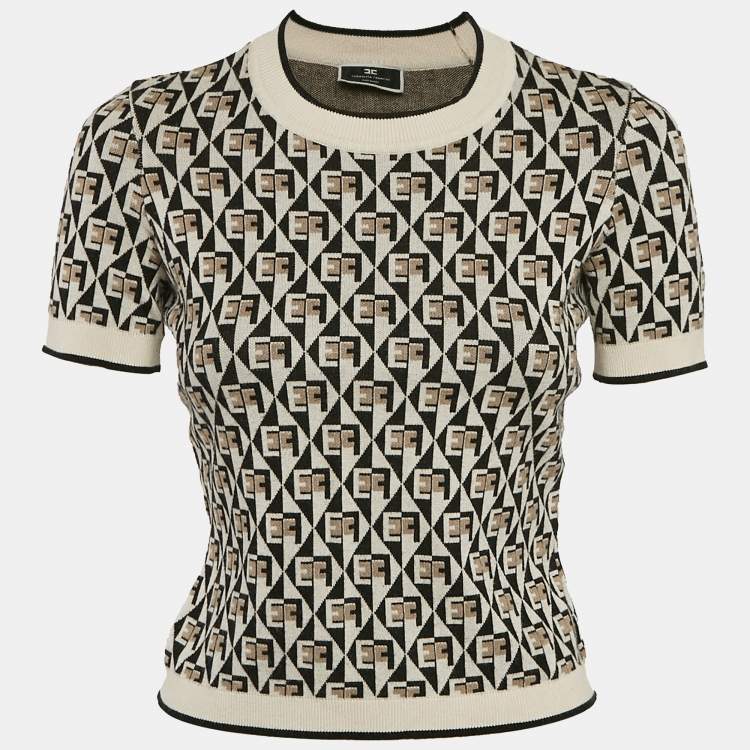 Pre Owned Elisabetta Franchi Brown Monogram Knit Crewneck Sweater M
