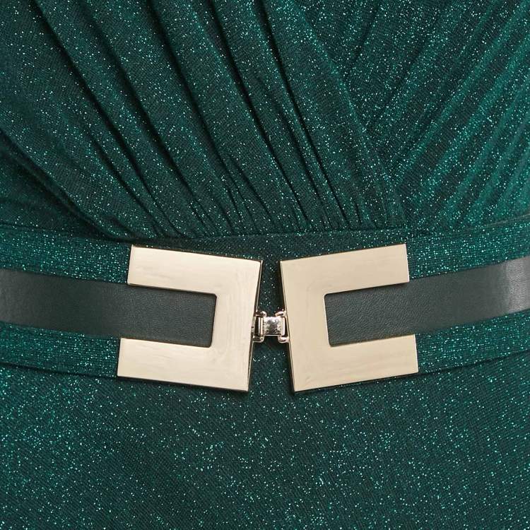 Pre Owned Elisabetta Franchi Green Lurex Knit Pleated Maxi Dress S