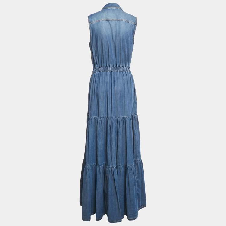 Pre Owned Elisabetta Franchi Blue Denim Button Front Sleeveless Maxi Dress L