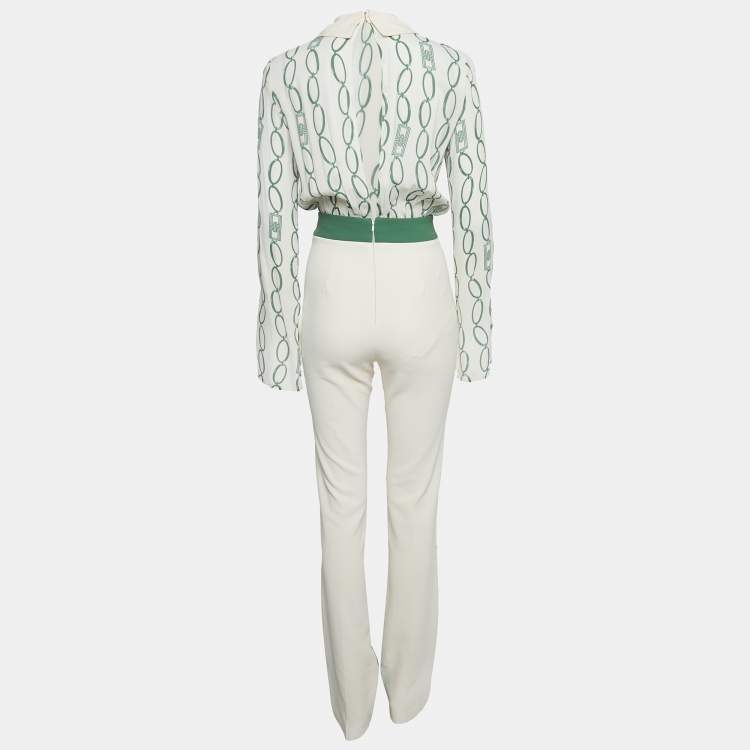 Pre Owned Elisabetta Franchi Green/Cream Printed Crepe Jumpsuit S