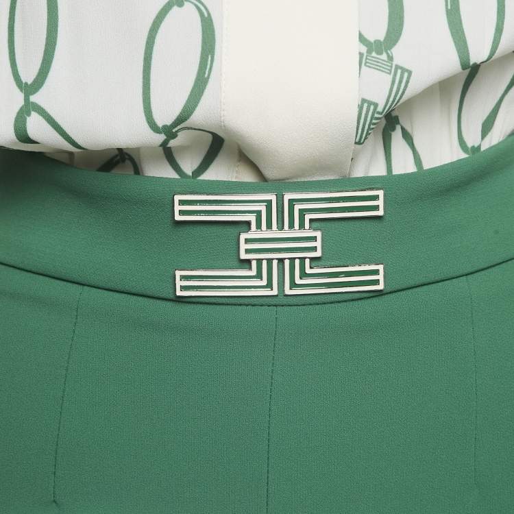 Pre Owned Elisabetta Franchi Green/Cream Printed Crepe Jumpsuit S
