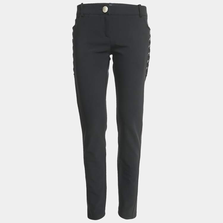 Pre Owned Elisabetta Franchi Black Crepe Lace-Up Skinny Pants L