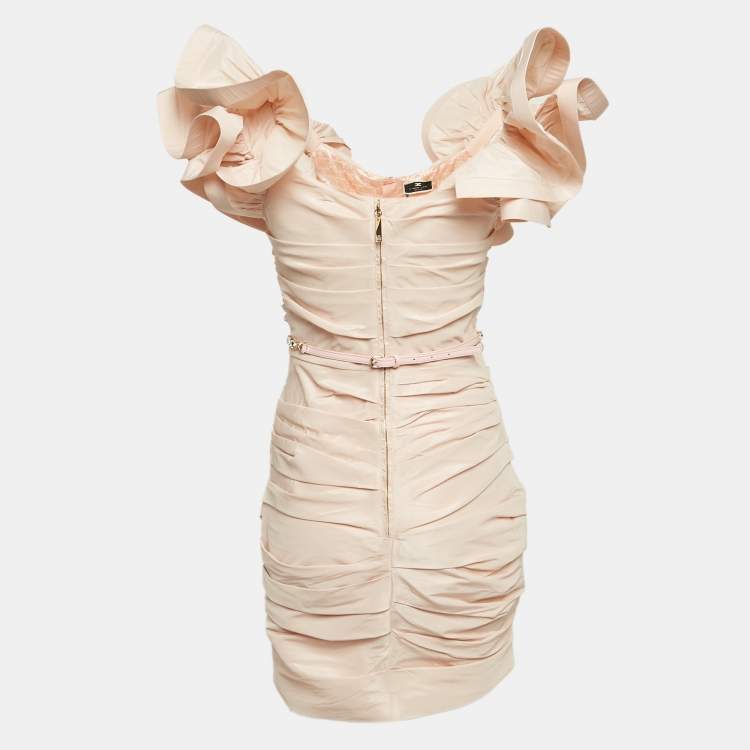 Pre Owned Elisabetta Franchi Pink Ottoman Taffeta Ruffled Off-Shoulder Mini Dress M