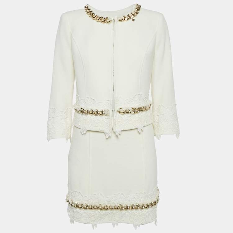 Pre Owned Elisabetta Franchi White Chain Detail Tweed Jacket and Skirt Set M