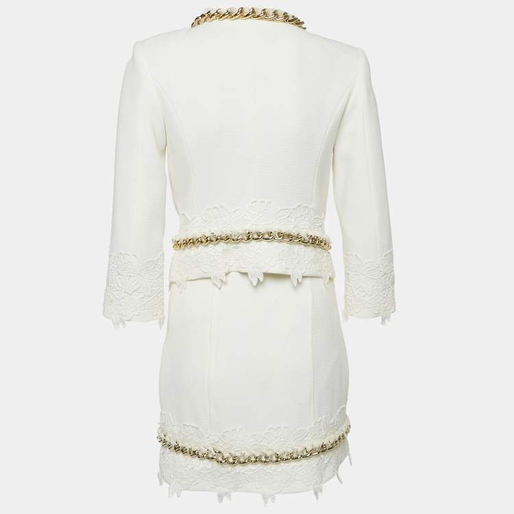 Pre Owned Elisabetta Franchi White Chain Detail Tweed Jacket and Skirt Set M
