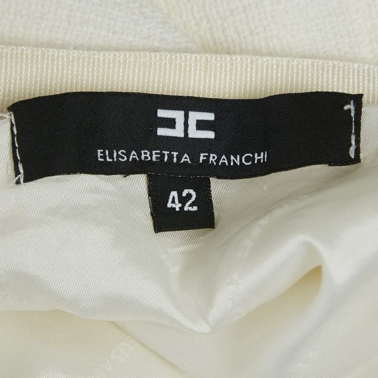 Pre Owned Elisabetta Franchi White Chain Detail Tweed Jacket and Skirt Set M