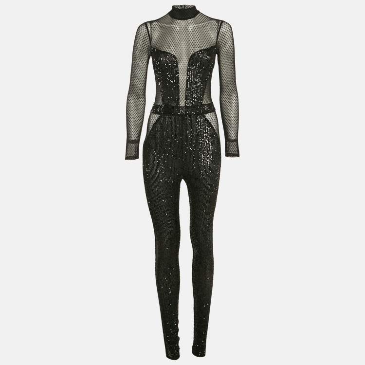 Pre Owned Elisabetta Franchi Black Mesh and Sequin Sheer Jumpsuit S