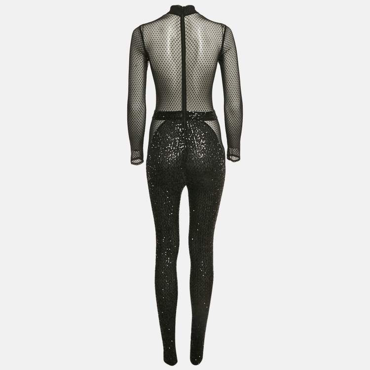 Pre Owned Elisabetta Franchi Black Mesh and Sequin Sheer Jumpsuit S
