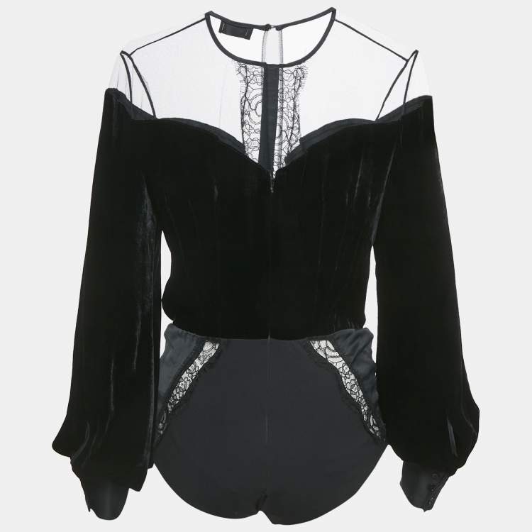Pre Owned Elisabetta Franchi Black Velvet Lace Trimmed Bodysuit Top M