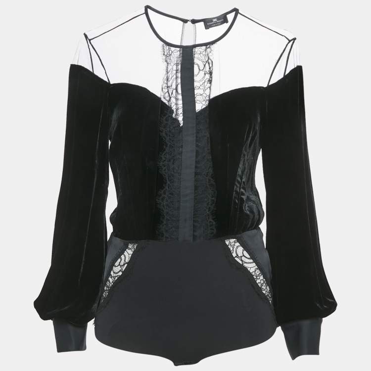 Pre Owned Elisabetta Franchi Black Velvet Lace Trimmed Bodysuit Top M