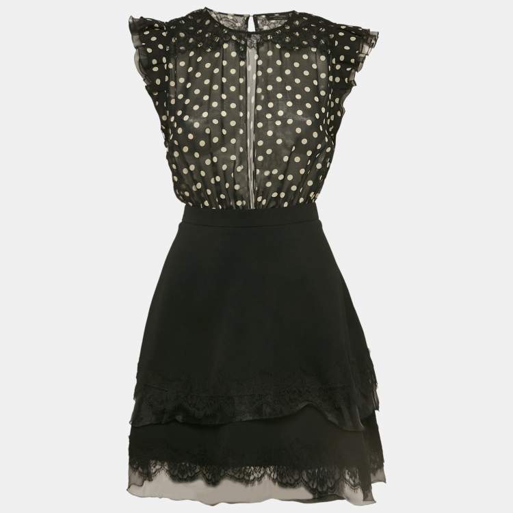 Pre Owned Elisabetta Franchi Black Polka Dot Crepe Detachable Skirt Lace Trimmed Mini Dress S
