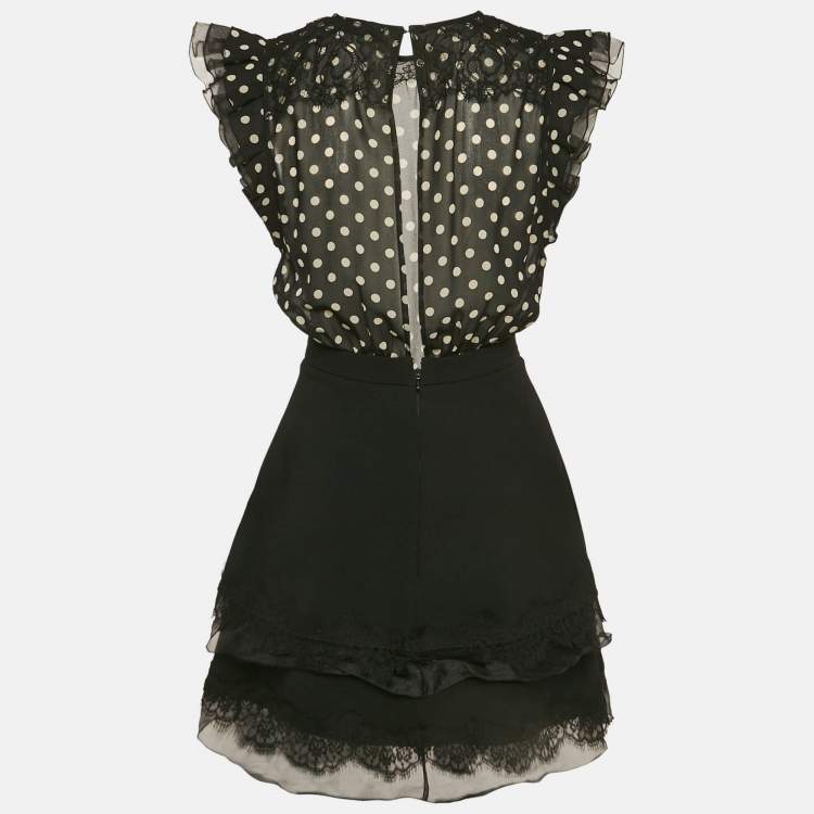 Pre Owned Elisabetta Franchi Black Polka Dot Crepe Detachable Skirt Lace Trimmed Mini Dress S