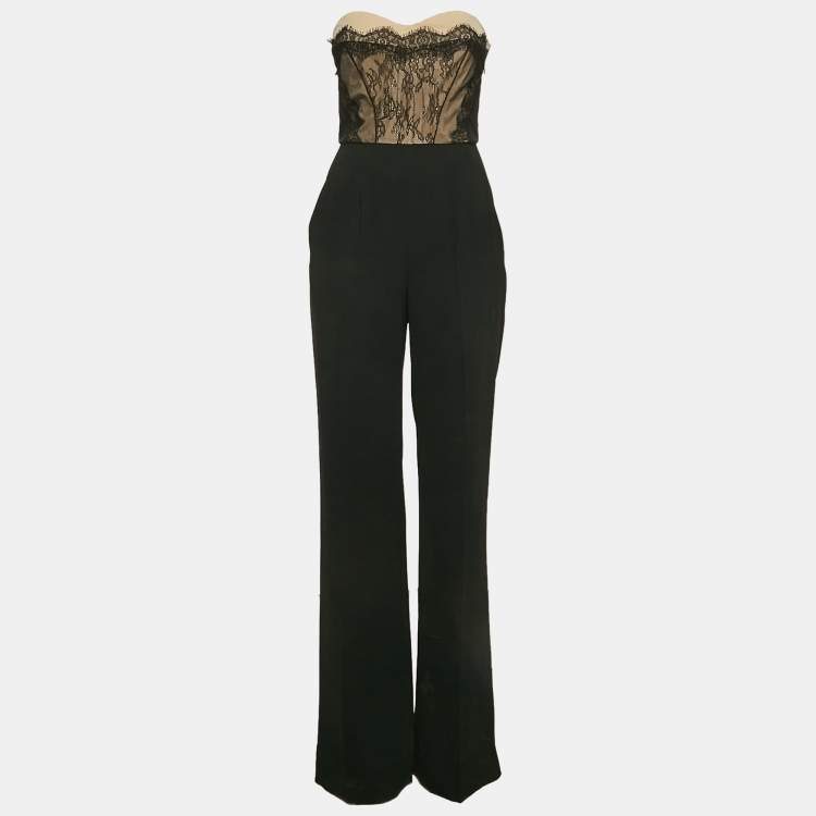 Pre Owned Elisabetta Franchi Black Crepe Lace Overlay Detail Strapless Jumpsuit M