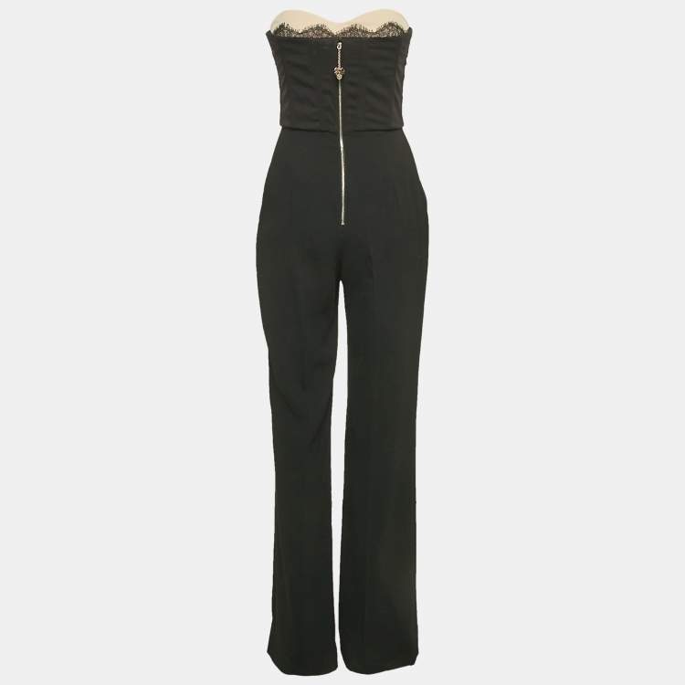 Pre Owned Elisabetta Franchi Black Crepe Lace Overlay Detail Strapless Jumpsuit M