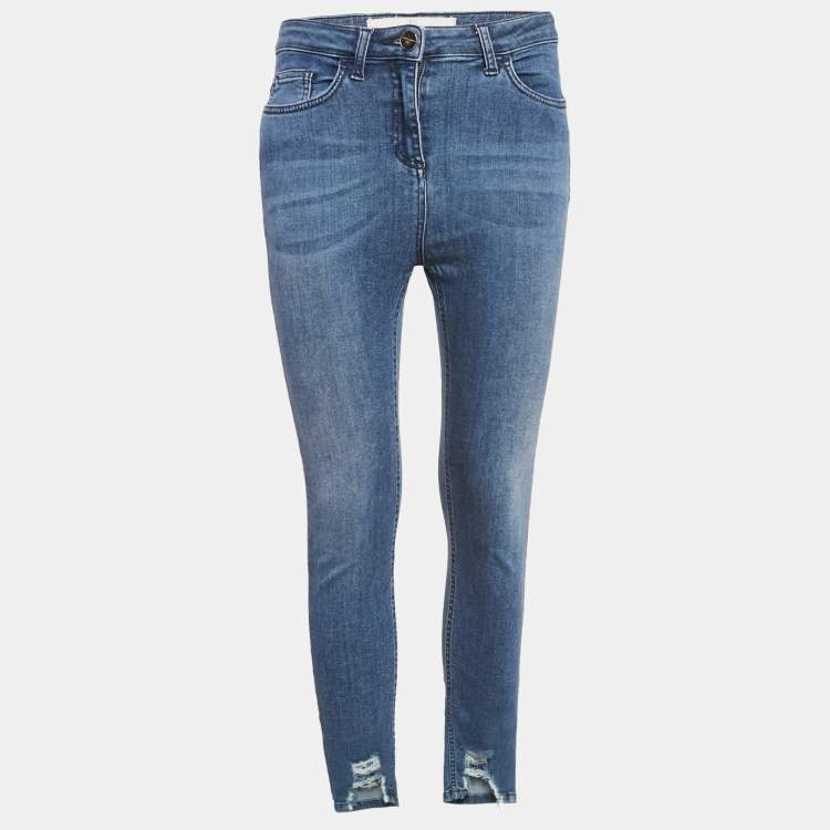 Pre Owned Elisabetta Franchi Blue Ripped Hem Denim Skinny Jeans S Waist 27"