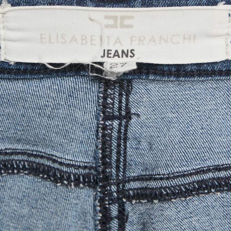 Pre Owned Elisabetta Franchi Blue Ripped Hem Denim Skinny Jeans S Waist 27"
