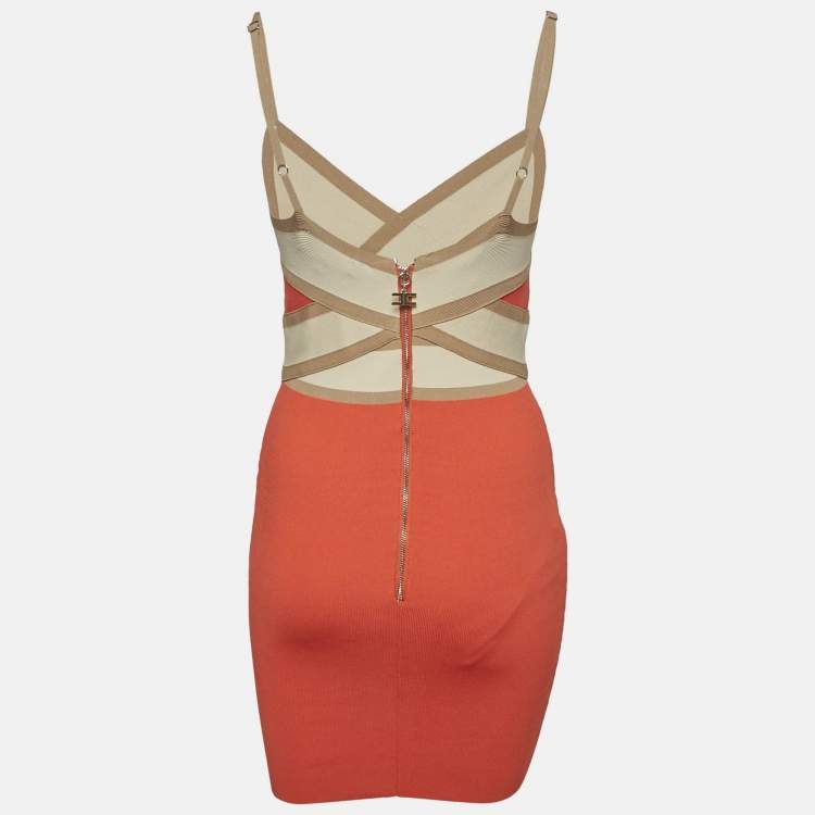 Pre Owned Elisabetta Franchi Orange Stretch Knit Strappy Bodycon Dress L