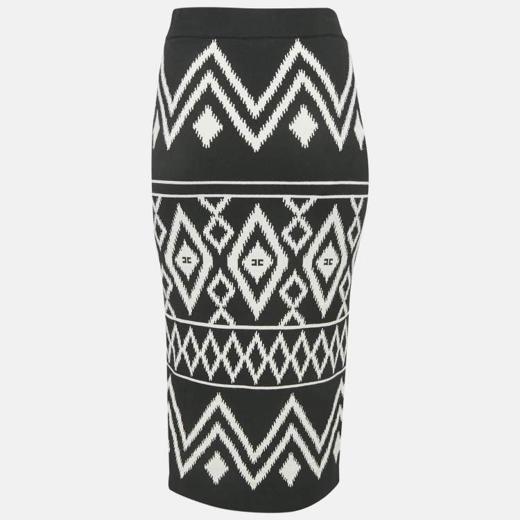 مملوكة مسبقًا Elisabetta Franchi Black Tribal Intarsia Stretch Knit Midi Skirt L