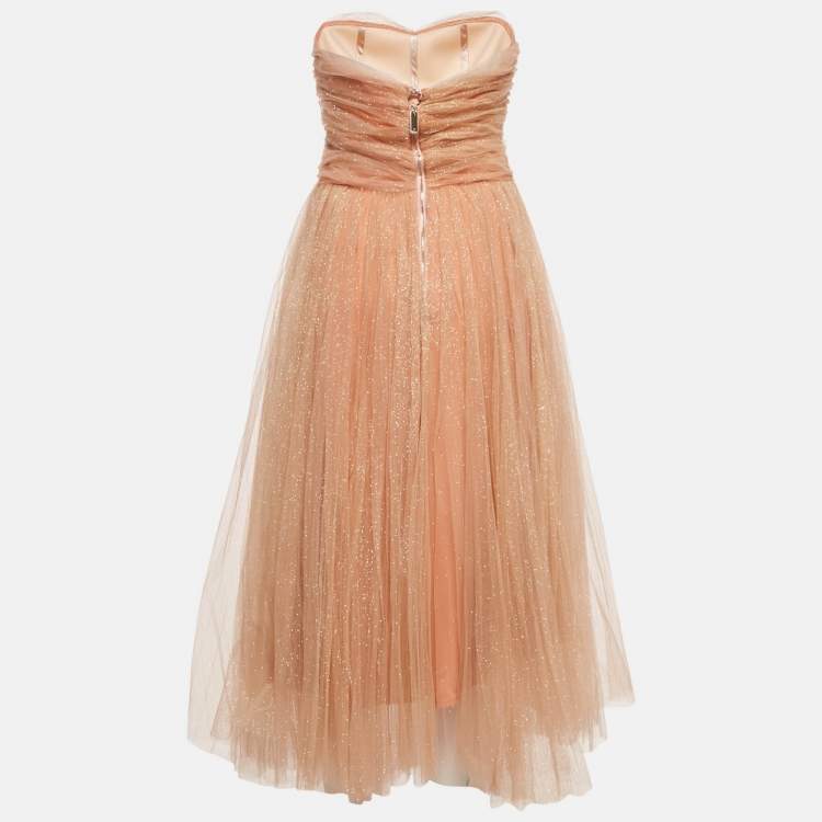 Pre Owned Elisabetta Franchi Beige/Pink Tulle Strapless Midi Dress S