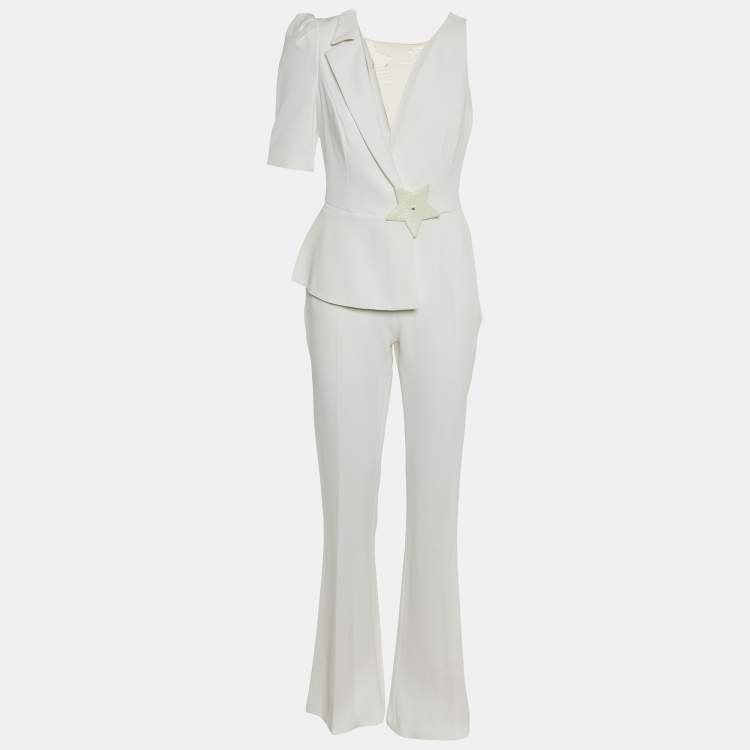 Pre Owned Elisabetta Franchi White Crepe Star Detail Jumpsuit M