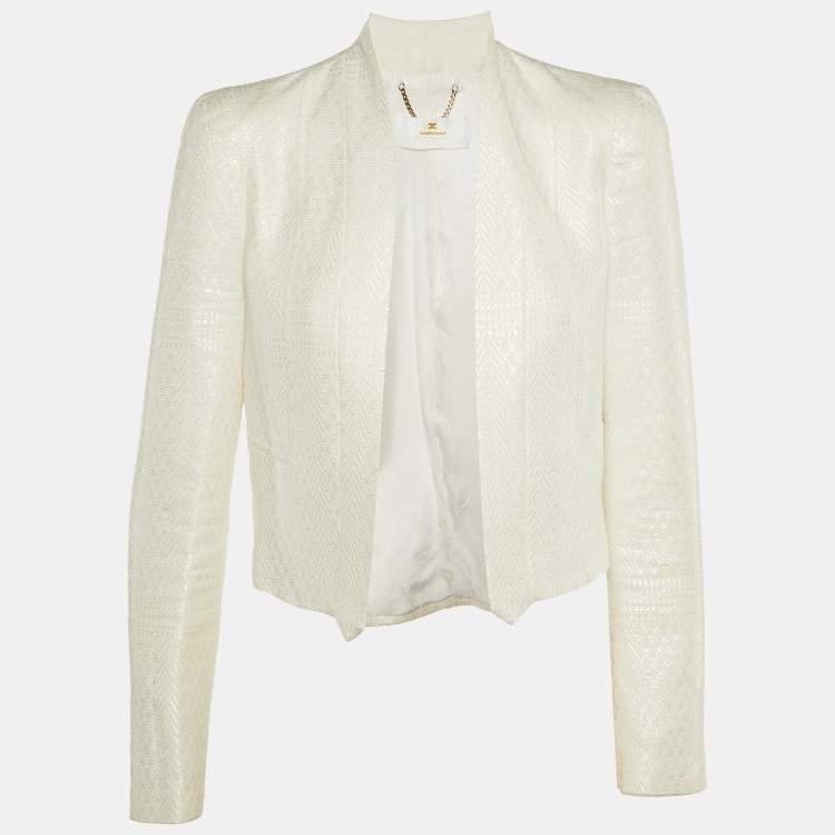 Pre Owned Elisabetta Franchi White Textured Patterned Cotton Open Blazer M