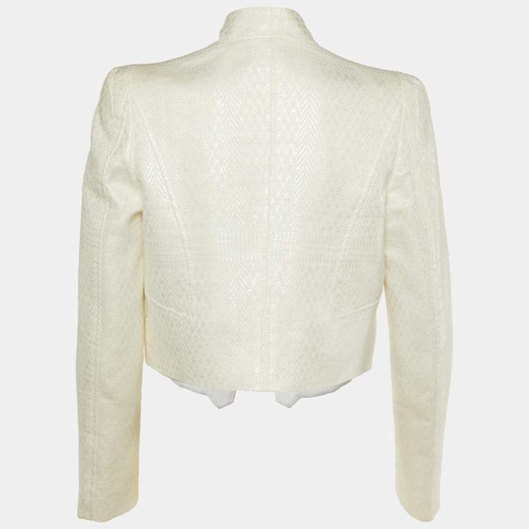 Pre Owned Elisabetta Franchi White Textured Patterned Cotton Open Blazer M