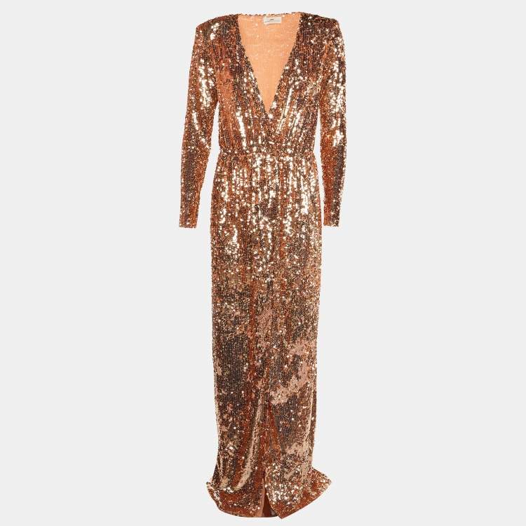 Pre Owned Elisabetta Franchi Rose Gold Sequin Embellished Wrap Maxi Dress M