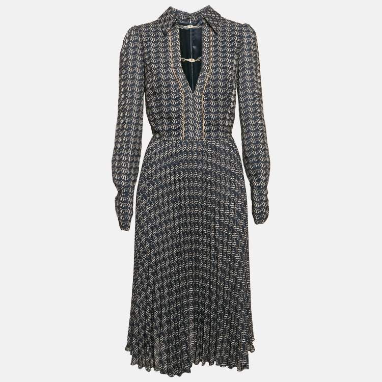 Pre Owned Elisabetta Franchi Navy Blue Printed Crepe Plisse Midi Dress M