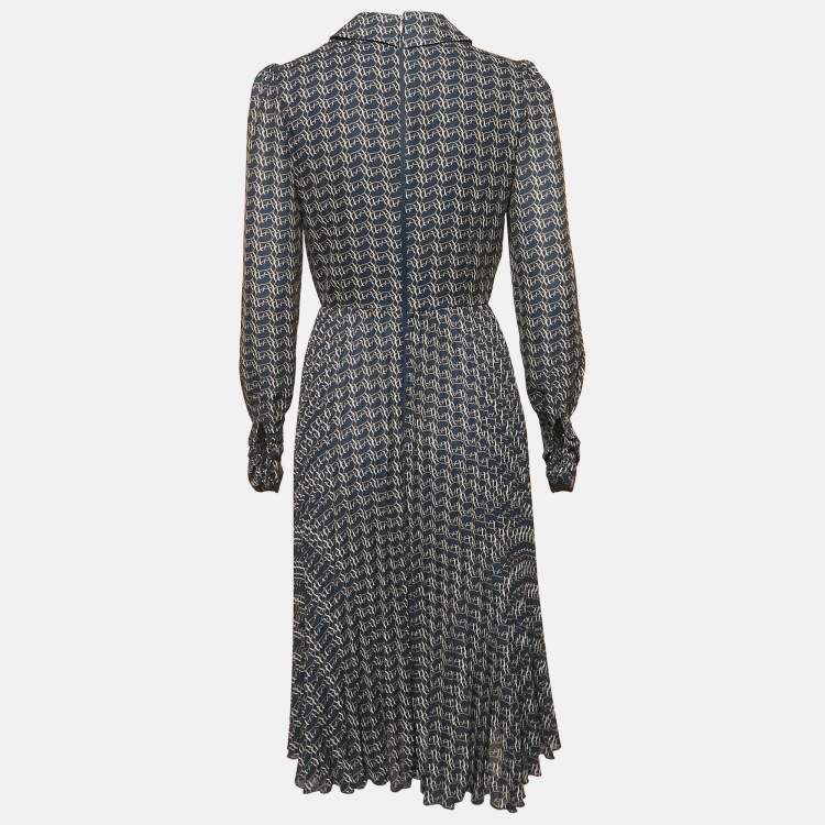 Pre Owned Elisabetta Franchi Navy Blue Printed Crepe Plisse Midi Dress M