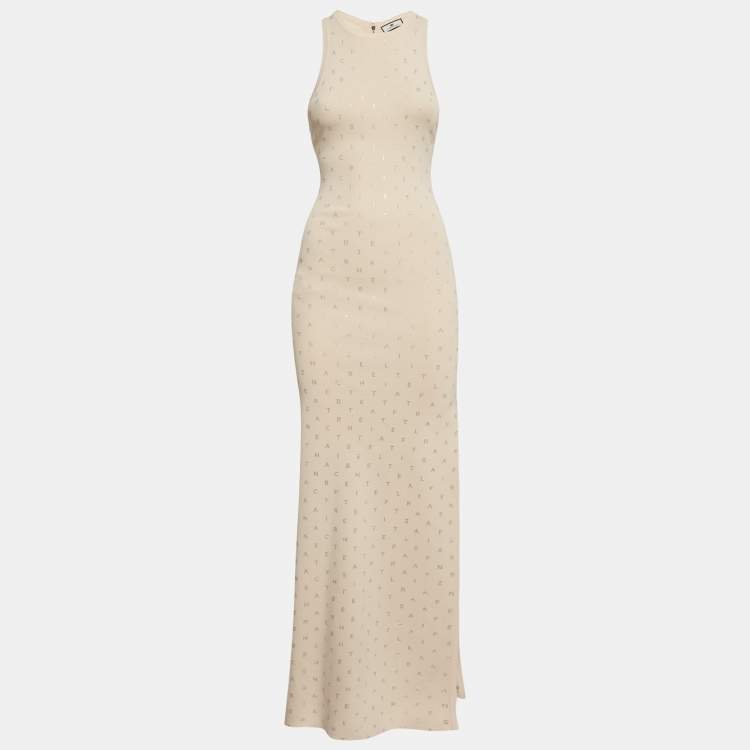 Pre Owned Elisabetta Franchi Cream Logo Embellished Knit Sleeveless Long Dress S